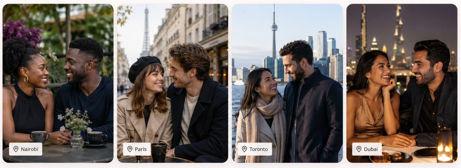 Four couples pictured in Nairobi, Paris, Toronto and Dubai