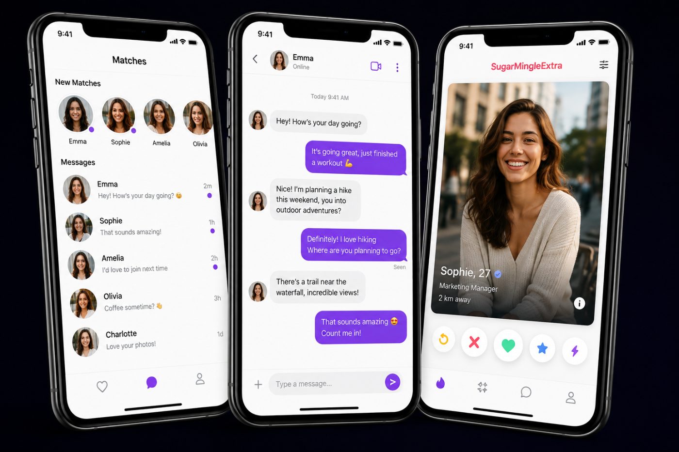 Three phone screens showing the matches list, a conversation, and a profile card with the like and pass controls