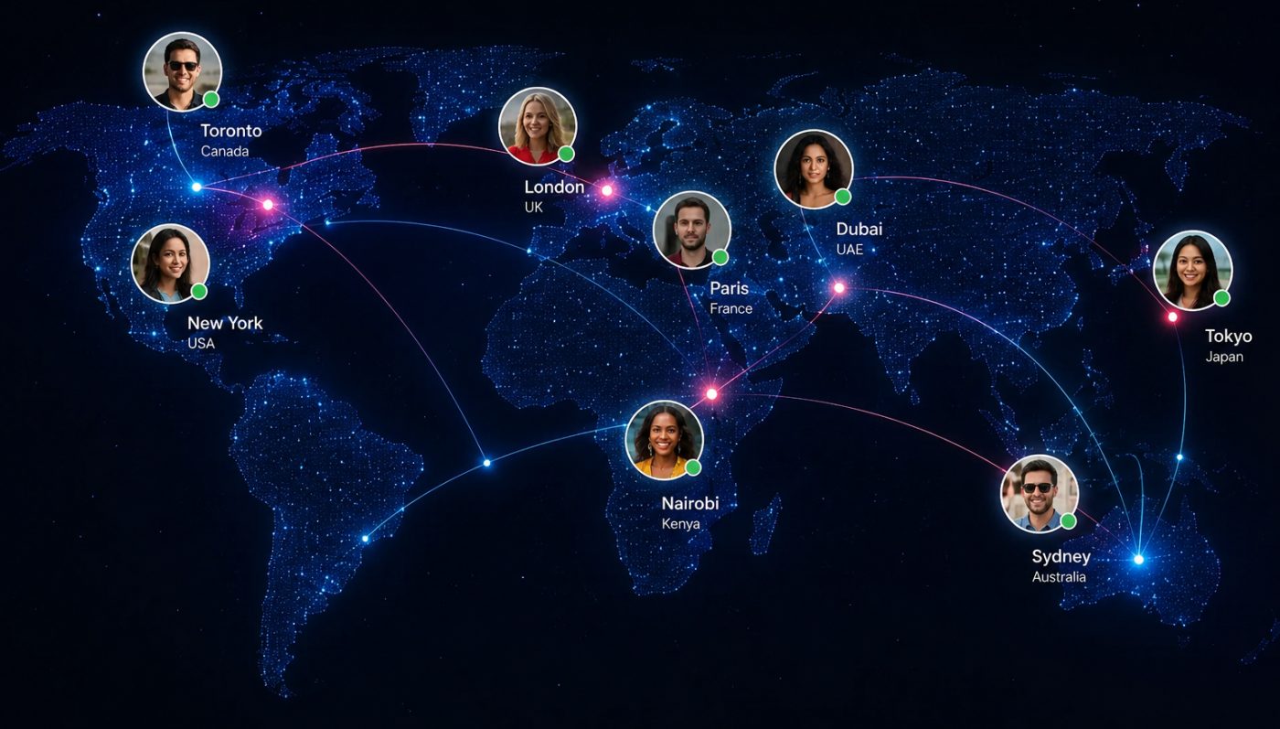 A world map with members shown in Toronto, New York, London, Paris, Dubai, Nairobi, Tokyo and Sydney, linked by connecting lines
