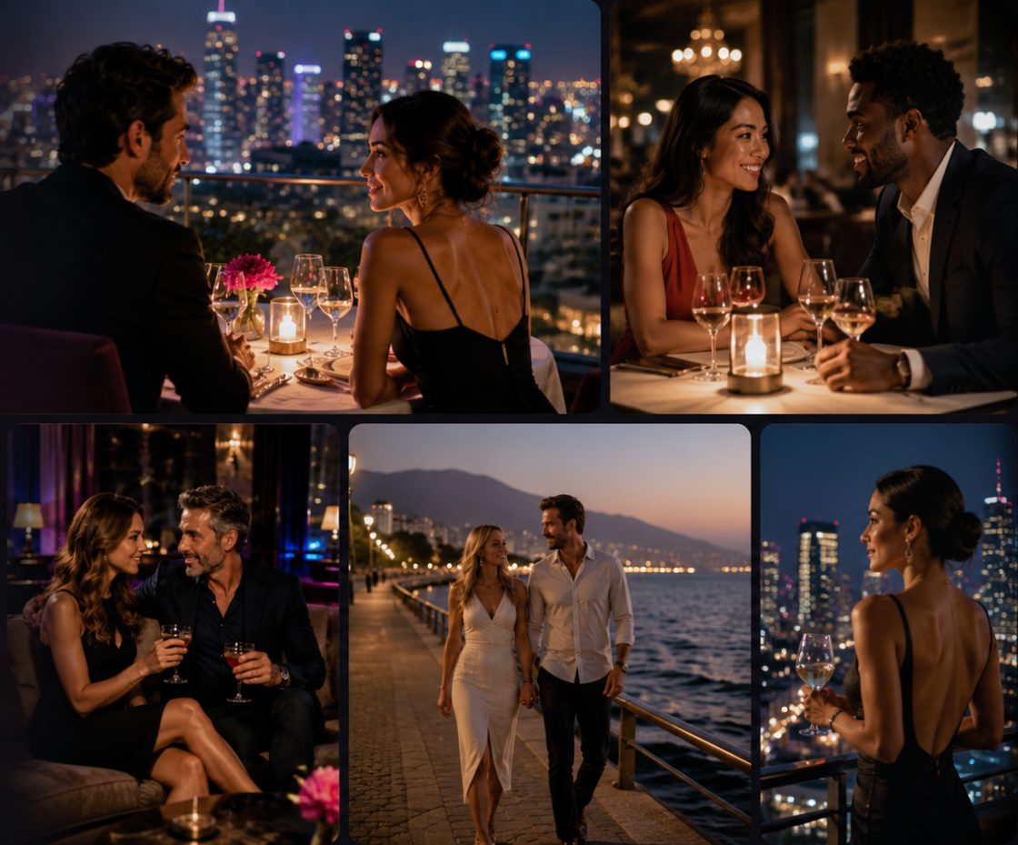 Couples on evenings out, at rooftop tables, restaurants and a city waterfront