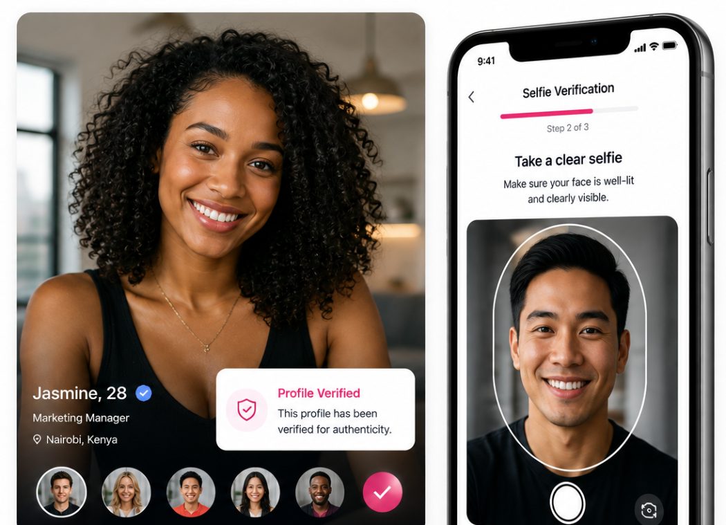 A member profile carrying a verified badge, beside the selfie step used to confirm it